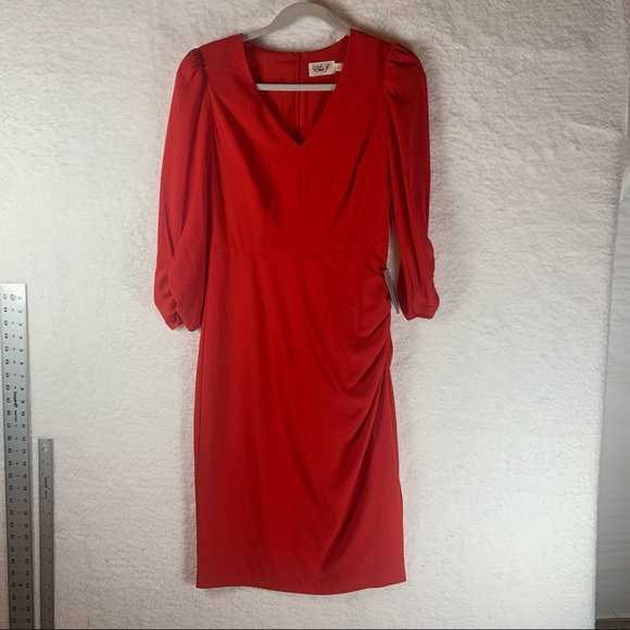 Eliza J Dress Red 6 Long Sleeve Ruched V Neck MIDI‎ NWT 4960 - Picture 1 of 8